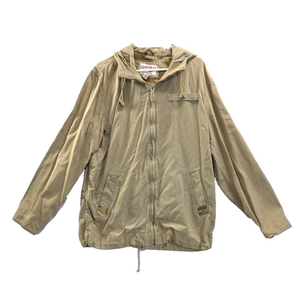 VTG Aeropostale Hooded Army Jacket Mens L Tan Full Zip Lightweight 100% Cotton